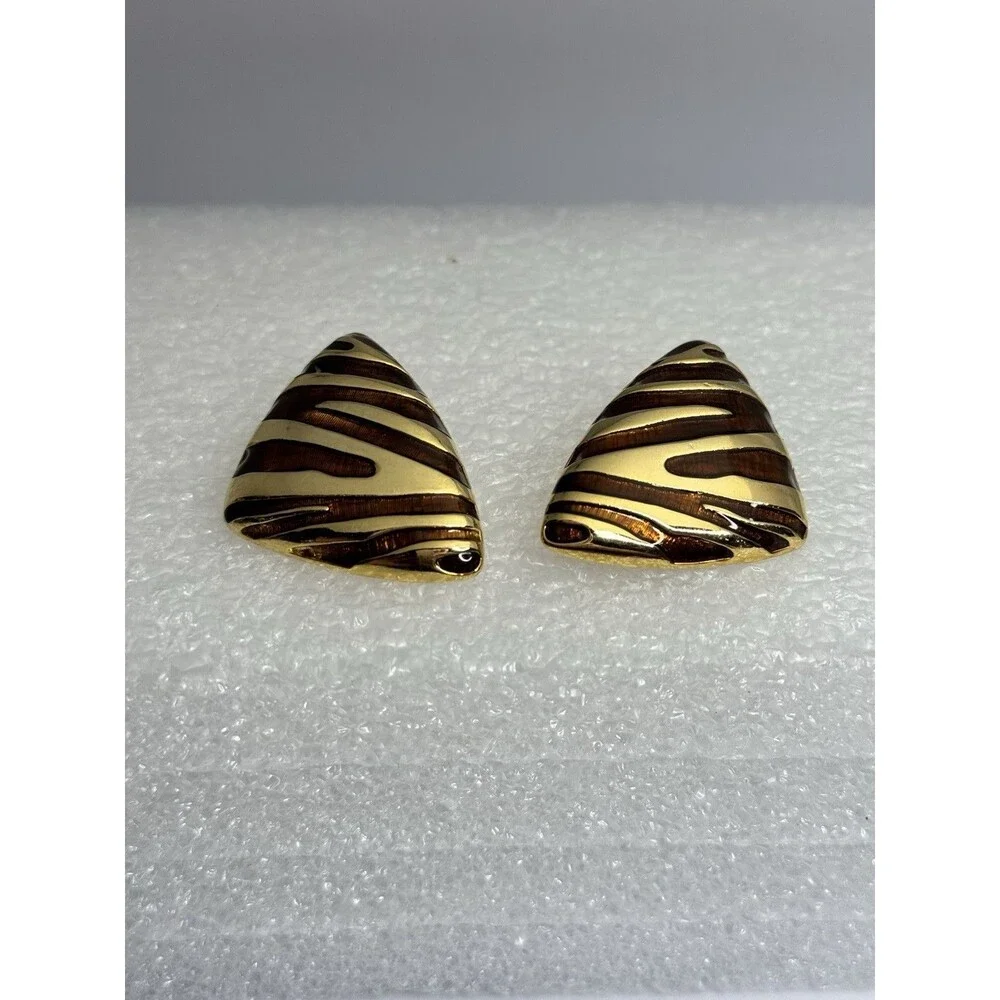 VINTAGE 80'S BROWN ENAMEL ANIMAL PRINT GOLDEN STATEMENT CLIP EARRINGS